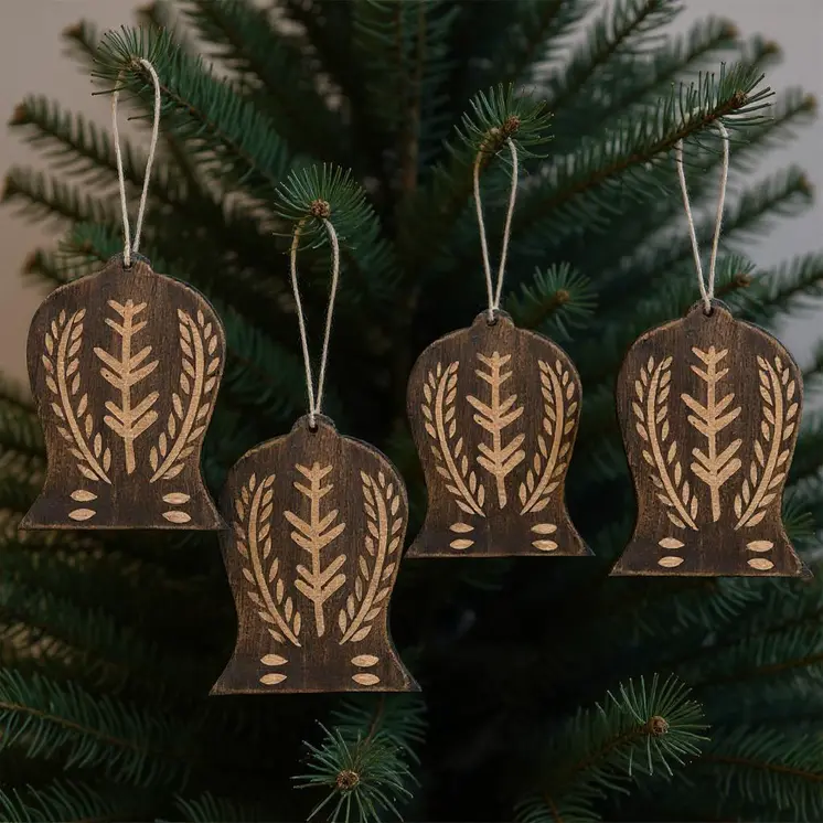 Set of Four Brown Handmade Wood Bell Shaped Ornaments
