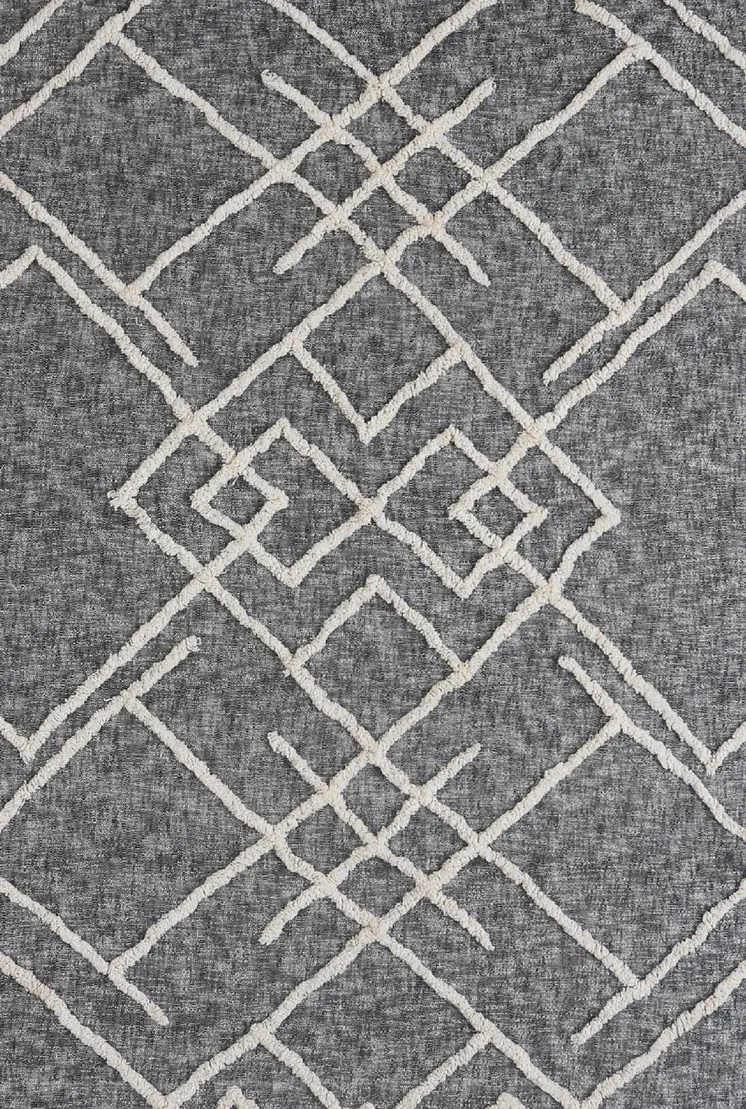 Charcoal and Off White Geometric King Cotton Coverlet With Fringe