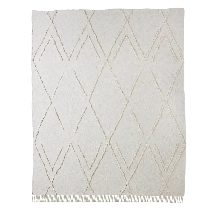 Ivory Geometric King Cotton Coverlet With Fringe