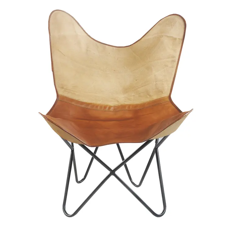 37" Brown Tan and Black Canvas And Leather Butterfly Chair