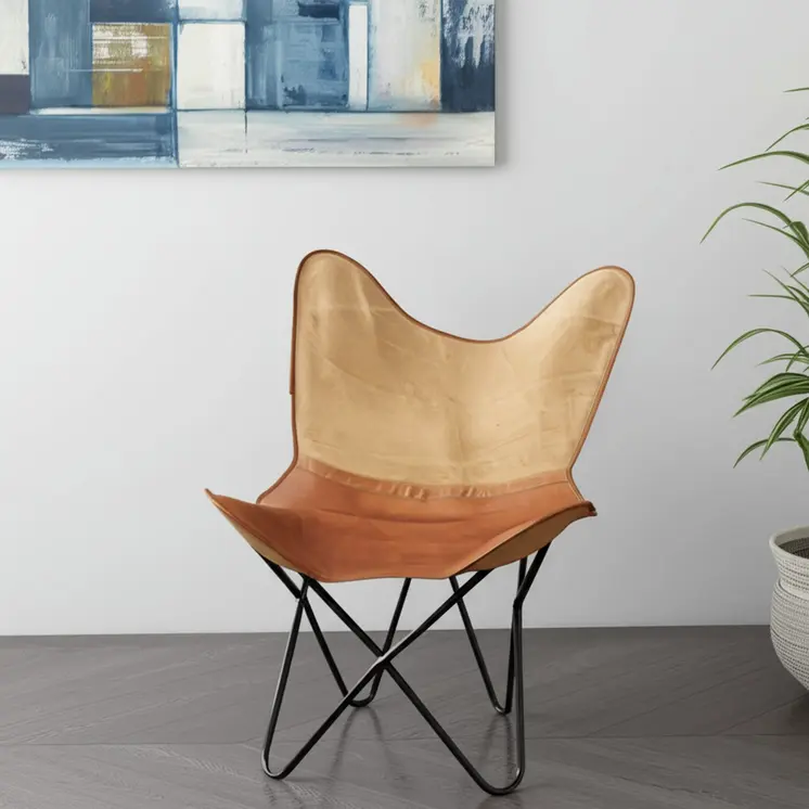 37" Brown Tan and Black Canvas And Leather Butterfly Chair