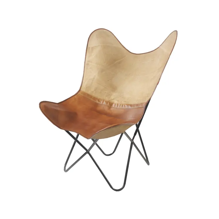 37" Brown Tan and Black Canvas And Leather Butterfly Chair