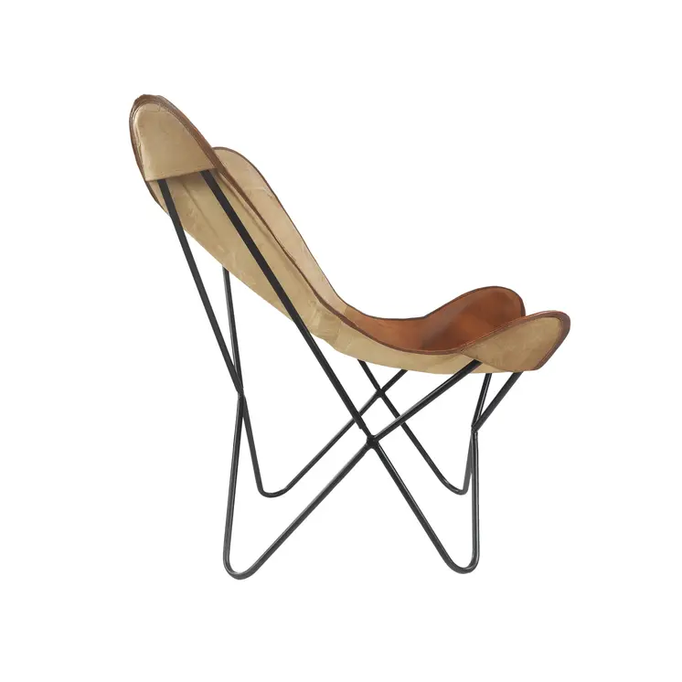37" Brown Tan and Black Canvas And Leather Butterfly Chair