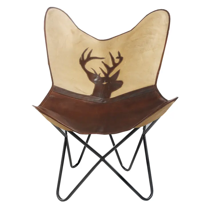 30" Brown And Tan Canvas And Leather Deer Stag Butterfly Chair
