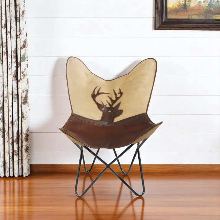 30" Brown And Tan Canvas And Leather Deer Stag Butterfly Chair