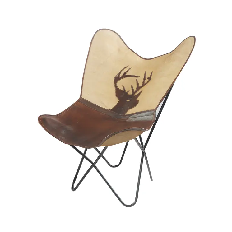30" Brown And Tan Canvas And Leather Deer Stag Butterfly Chair