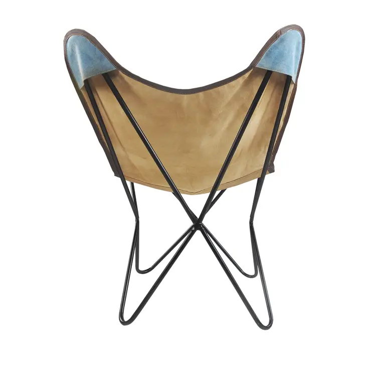 30" Blue and Brown Canvas And Genuine Leather Striped Butterfly Chair