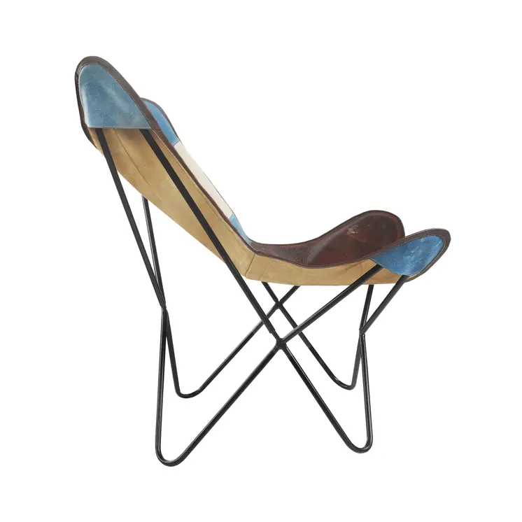 30" Blue and Brown Canvas And Genuine Leather Striped Butterfly Chair