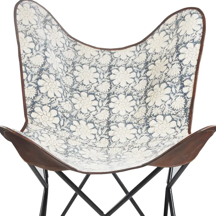 30" Blue And Cream Canvas Floral Butterfly Chair