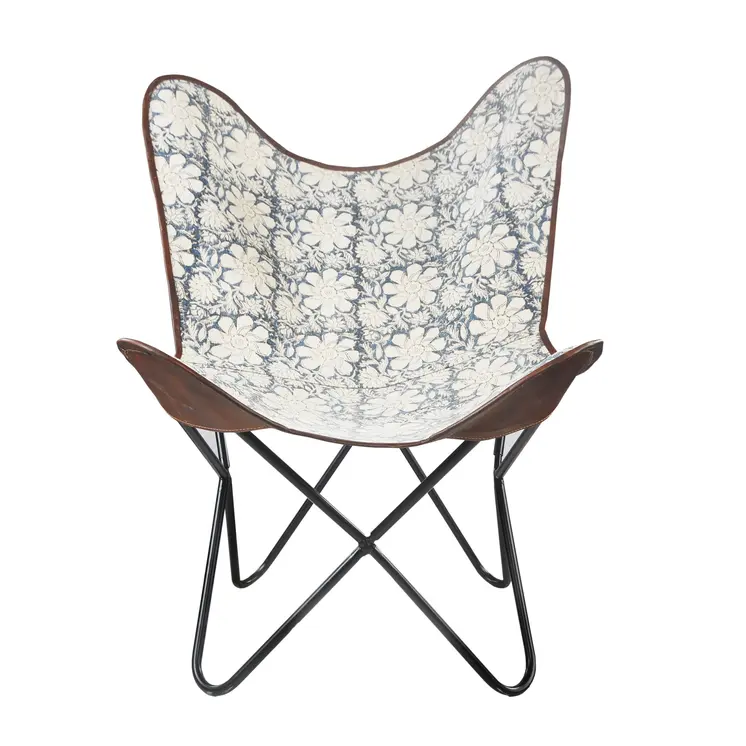 30" Blue And Cream Canvas Floral Butterfly Chair