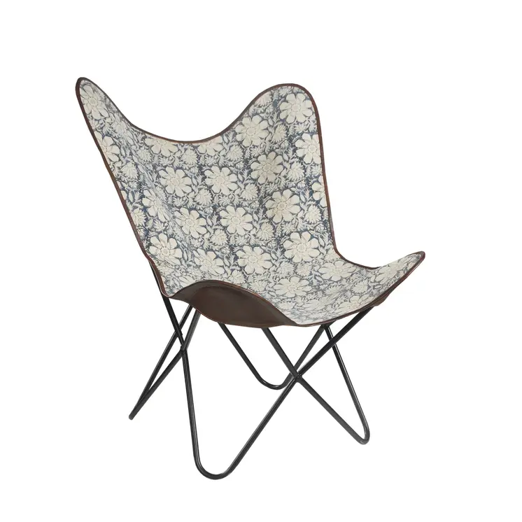 30" Blue And Cream Canvas Floral Butterfly Chair