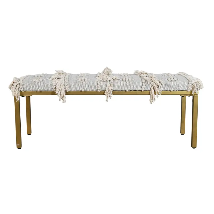 47" Gray Ivory and Gold Geometric Cotton Upholstered Bench