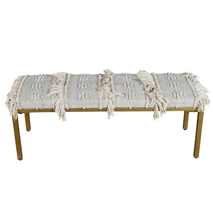 47" Gray Ivory and Gold Geometric Cotton Upholstered Bench