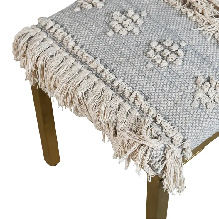47" Gray Ivory and Gold Geometric Cotton Upholstered Bench