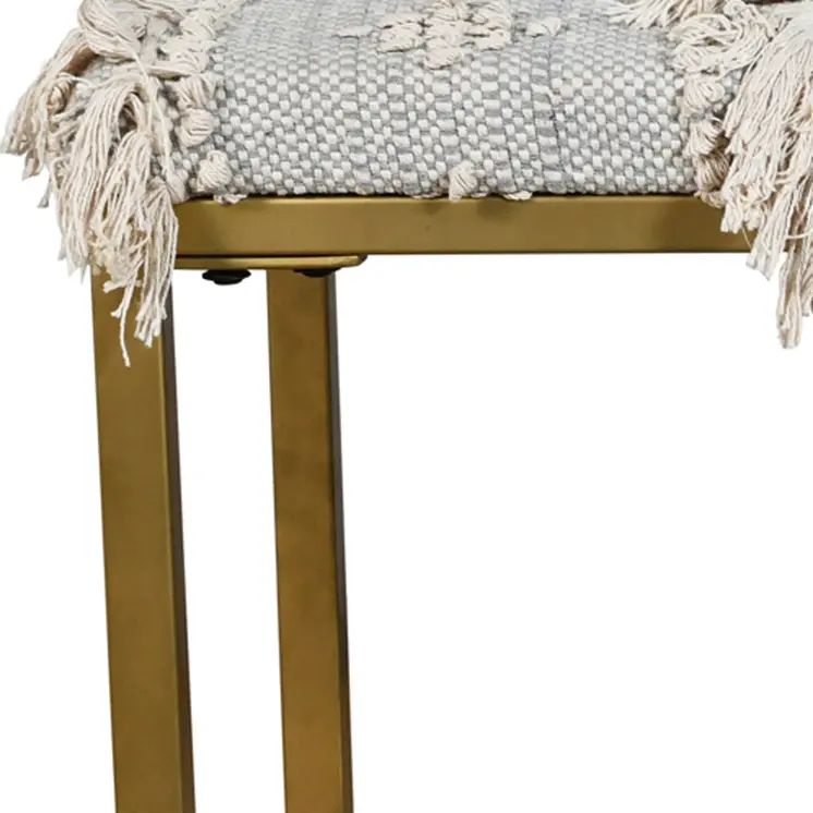 47" Gray Ivory and Gold Geometric Cotton Upholstered Bench