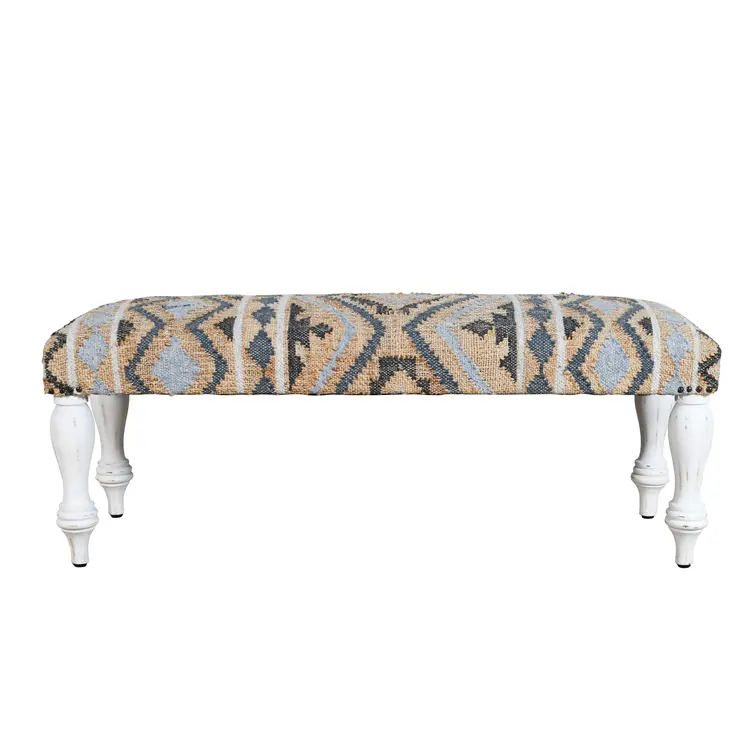 47" Beige Blue and White Geometric Cotton Blend Upholstered Bench