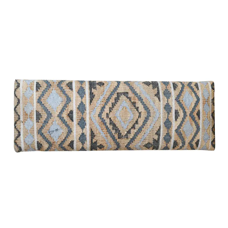 47" Beige Blue and White Geometric Cotton Blend Upholstered Bench