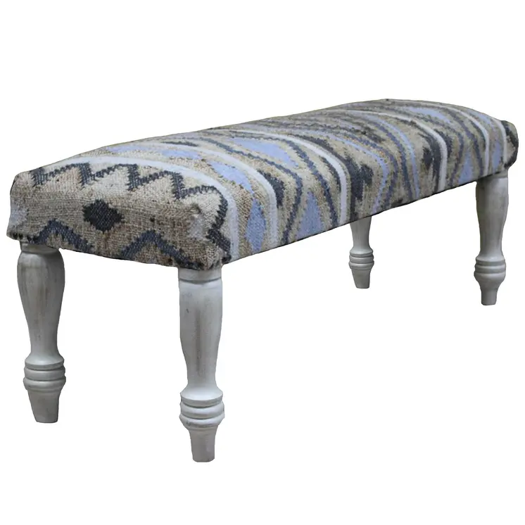 47" Beige Blue and White Geometric Cotton Blend Upholstered Bench
