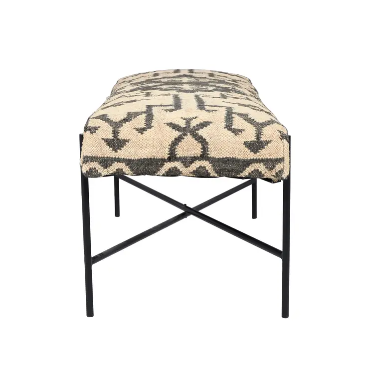 48" Cream and Black Cotton Blend Upholstered Southwest Bench