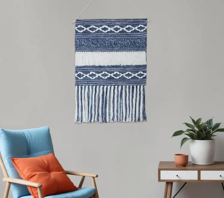 26" X 51" Denim Blue And White Geometric Cotton Macrame Hanging Tapestry