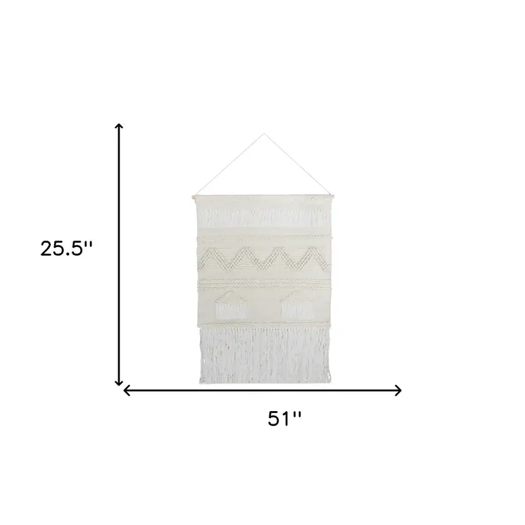 26" X 51" Cream Geometric Cotton Macrame Hanging Tapestry