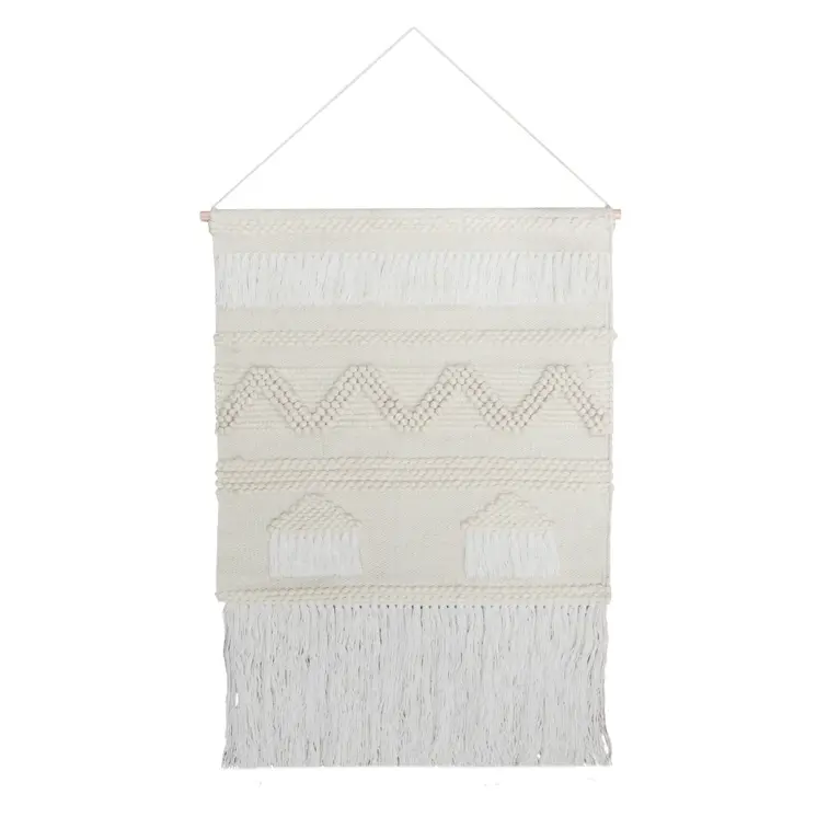 26" X 51" Cream Geometric Cotton Macrame Hanging Tapestry