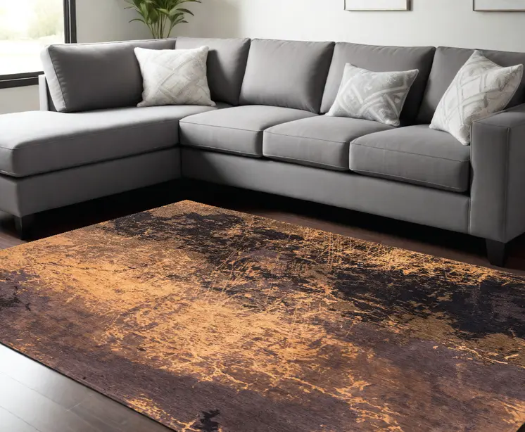 9' X 13' Yellow and Brown Abstract Non Skid Area Rug