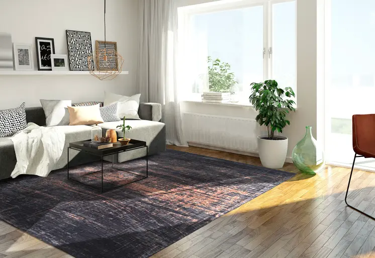 5' Black and Gold Round Abstract Non Skid Area Rug