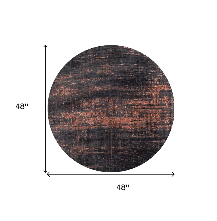 5' Black and Gold Round Abstract Non Skid Area Rug