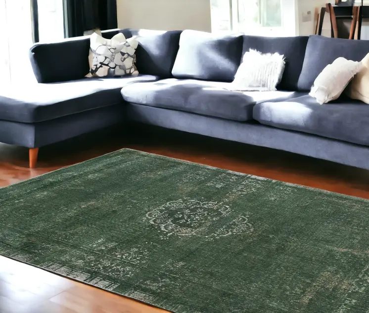 6' X 8' Gray and Green Medallion Non Skid Area Rug