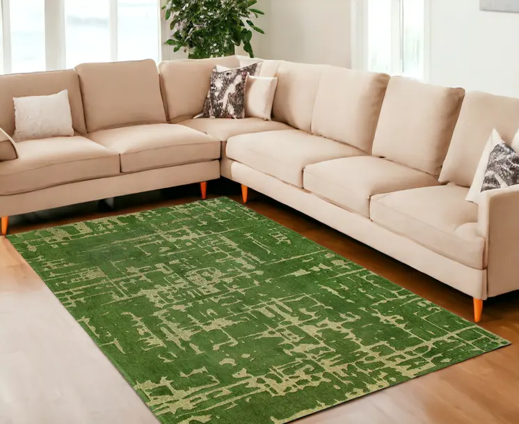 7' X 9' Green Abstract Non Skid Area Rug