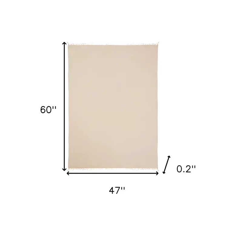 47" X 60" Beige Cotton Woven Turkish Towel Throw Blanket with Fringe