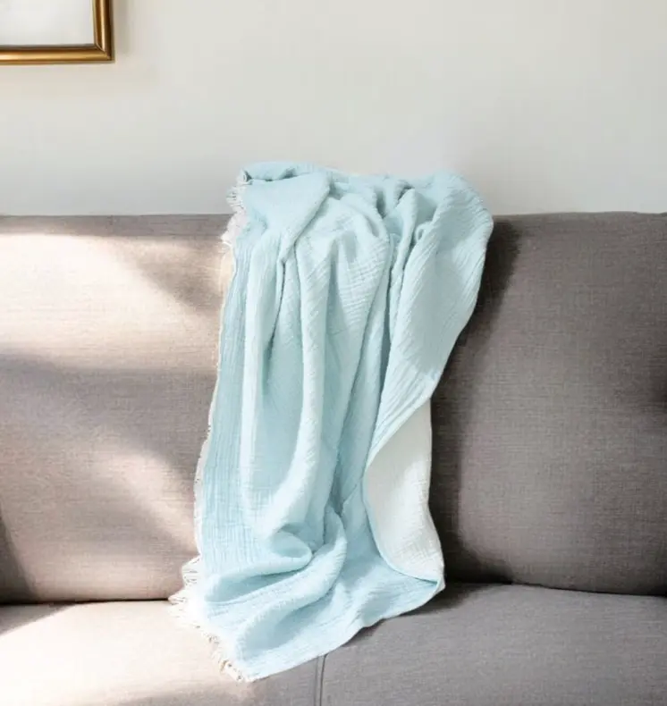47" X 60" Aqua Cotton Woven Turkish Towel Throw Blanket with Fringe