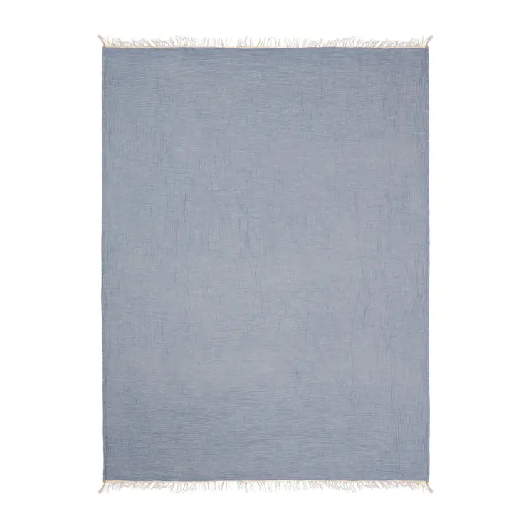 47" X 60" Blue Cotton Woven Turkish Towel Throw Blanket with Fringe