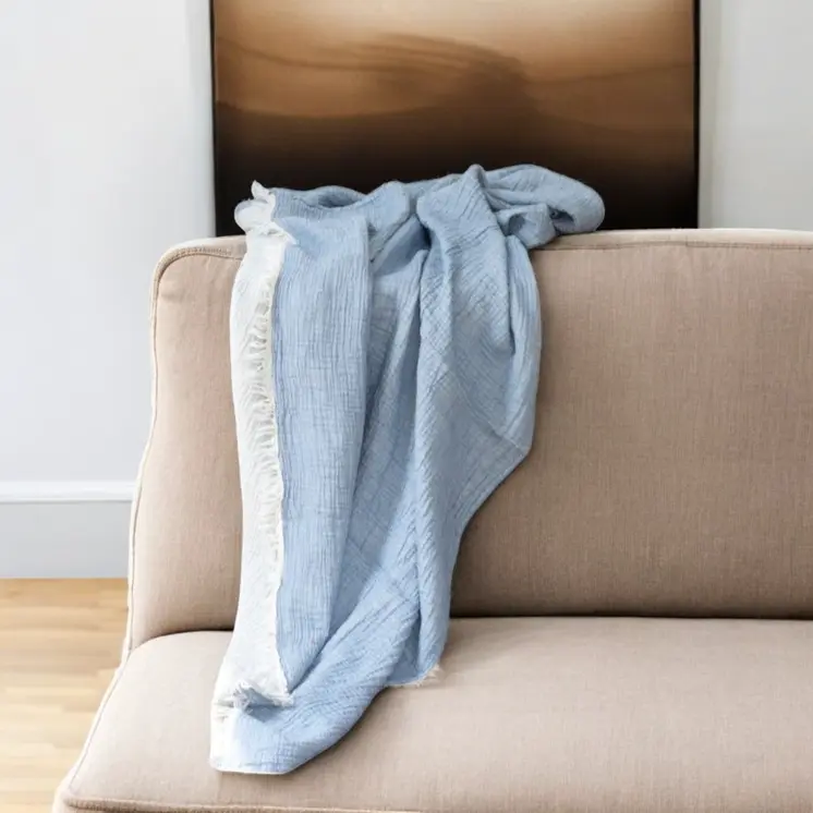 47" X 60" Blue Cotton Woven Turkish Towel Throw Blanket with Fringe