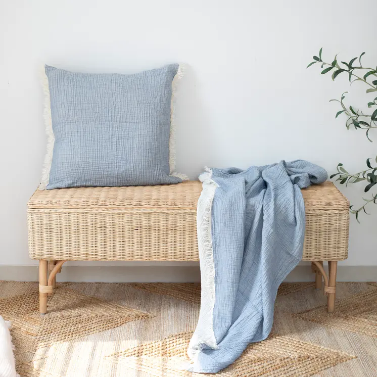 47" X 60" Blue Cotton Woven Turkish Towel Throw Blanket with Fringe