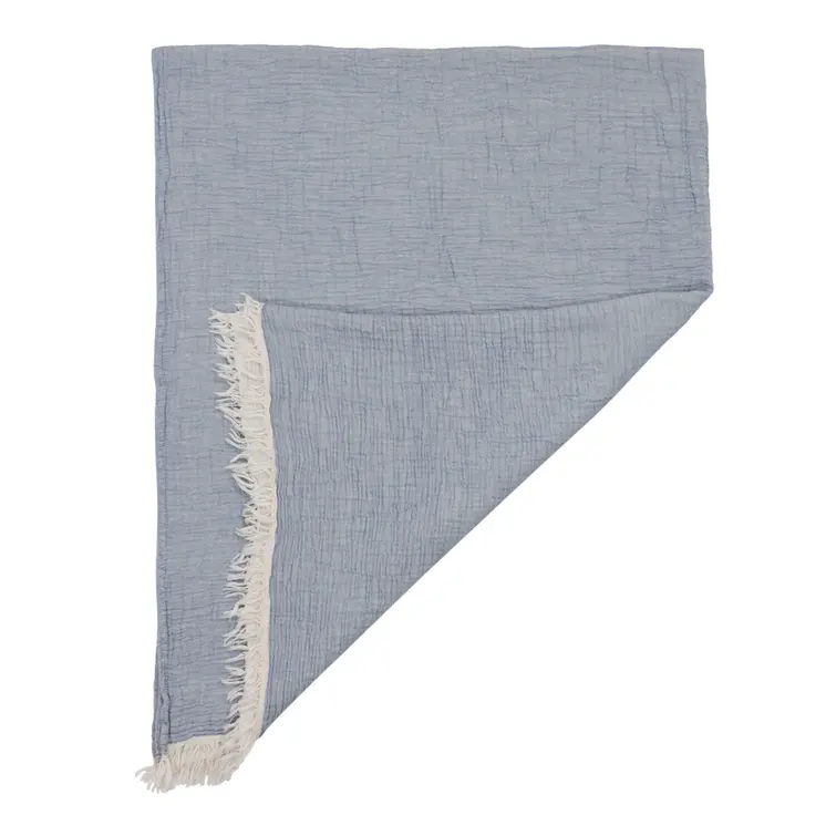 47" X 60" Blue Cotton Woven Turkish Towel Throw Blanket with Fringe