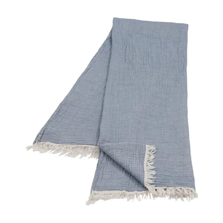 47" X 60" Blue Cotton Woven Turkish Towel Throw Blanket with Fringe