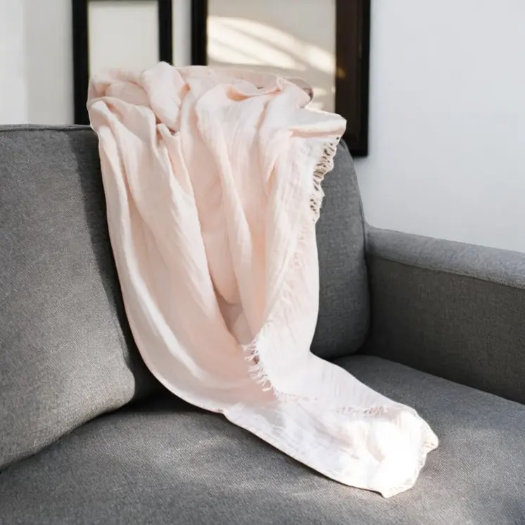 47" X 60" Blush Cotton Woven Turkish Towel Throw Blanket with Fringe