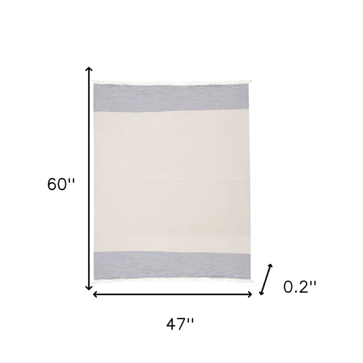 47" X 60" Blue and Ivory Cotton Woven Striped Throw Blanket with Fringe