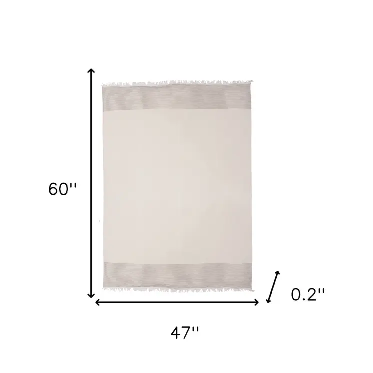 47" X 60" Beige and Ivory Cotton Woven Striped Throw Blanket with Fringe