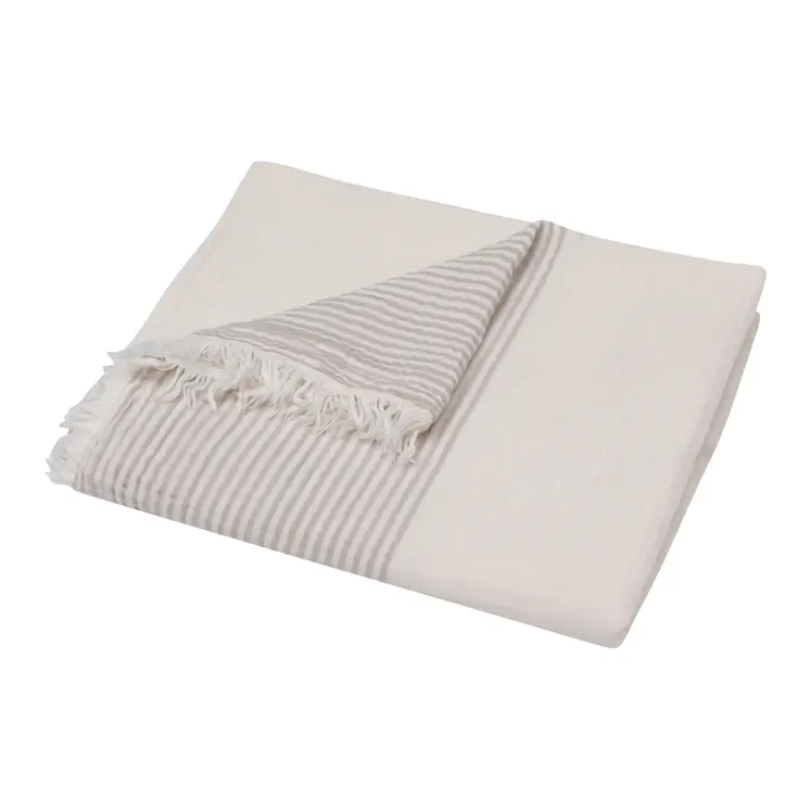 47" X 60" Beige and Ivory Cotton Woven Striped Throw Blanket with Fringe
