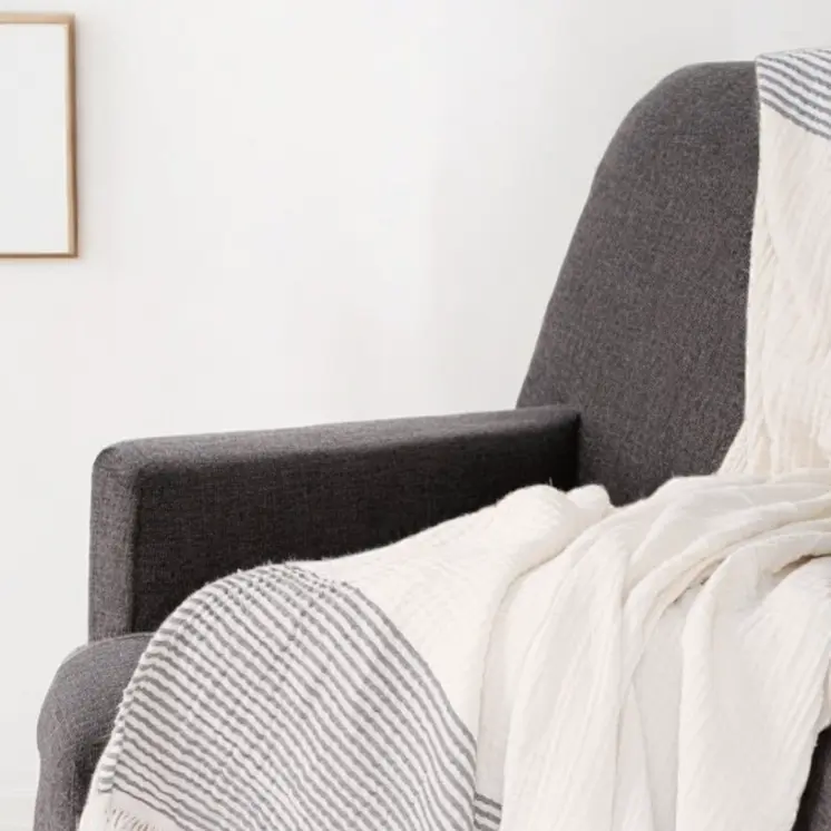 47" X 60" Gray and Ivory Cotton Woven Striped Throw Blanket with Fringe