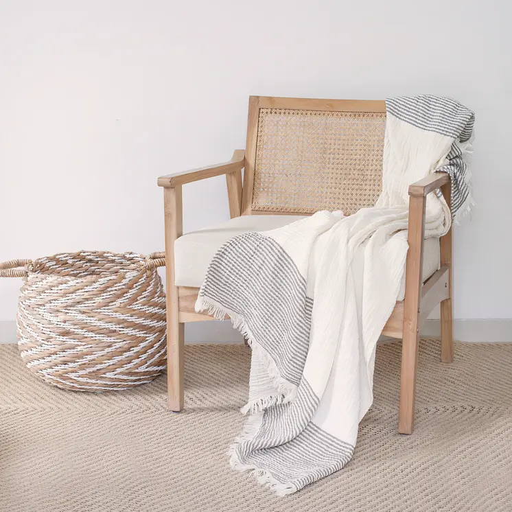 47" X 60" Gray and Ivory Cotton Woven Striped Throw Blanket with Fringe