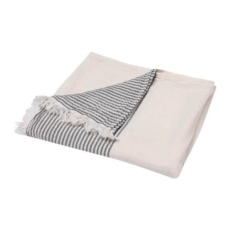 47" X 60" Gray and Ivory Cotton Woven Striped Throw Blanket with Fringe