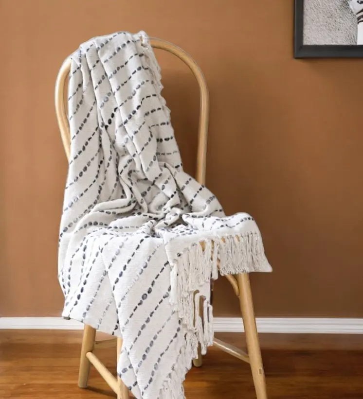50" X 60" White And Navy Blue Cotton Blend Woven Striped Throw Blanket with Fringe