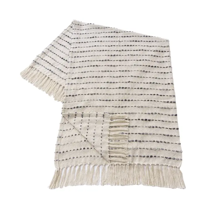 50" X 60" White And Navy Blue Cotton Blend Woven Striped Throw Blanket with Fringe
