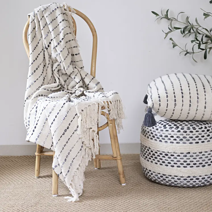 50" X 60" White And Navy Blue Cotton Blend Woven Striped Throw Blanket with Fringe