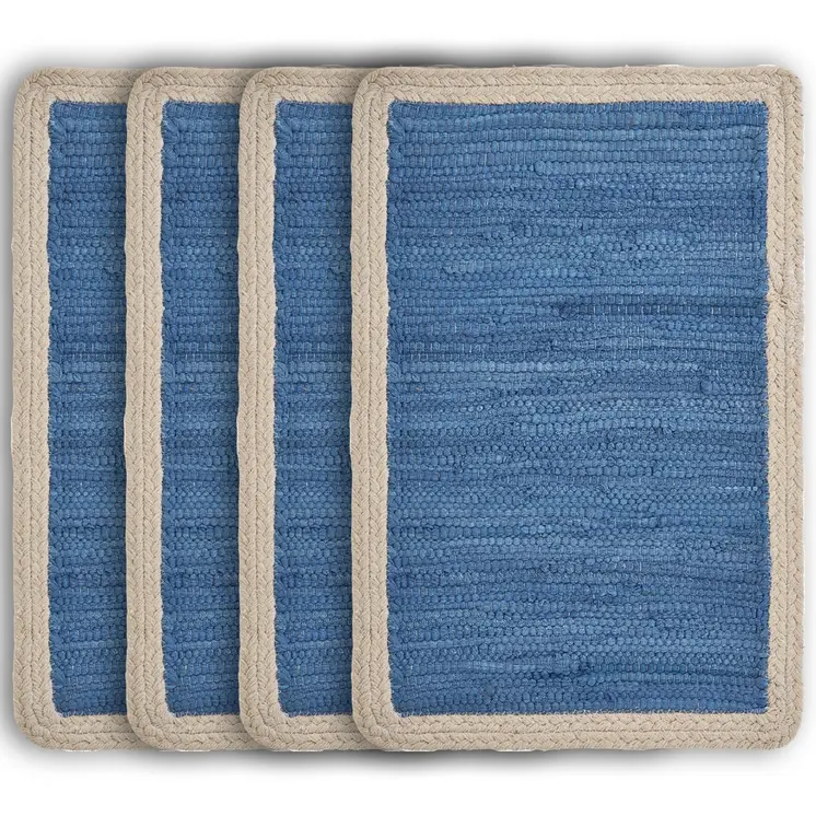 19" Set of Four Blue And Natural Solid With Border Cotton Placemats