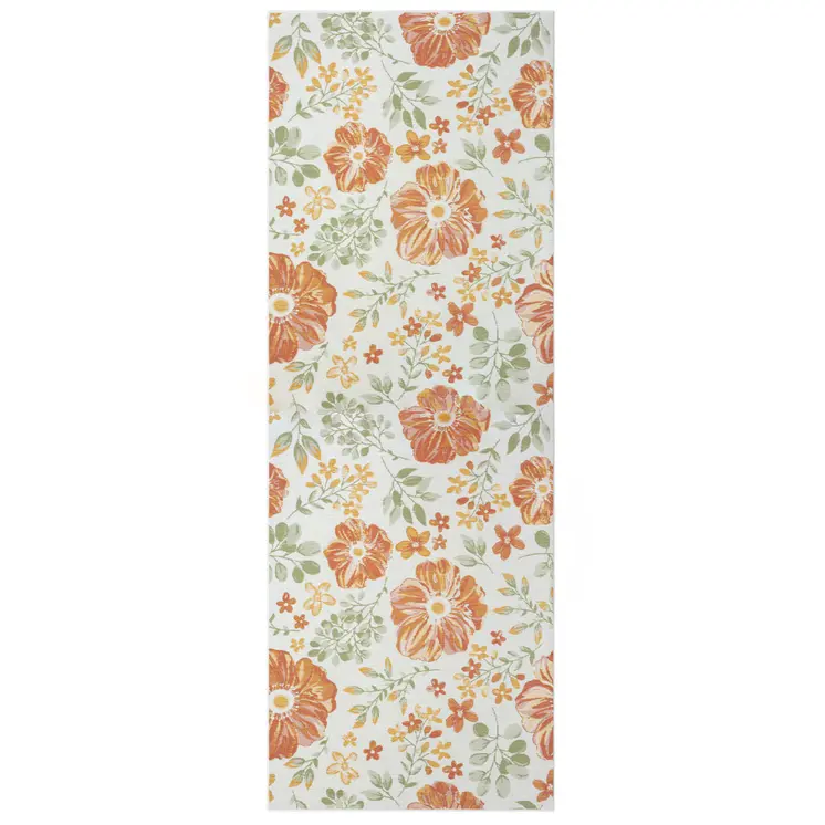 2' X 8' Ivory Green and Orange Floral Stain Resistant Indoor Outdoor Runner Rug